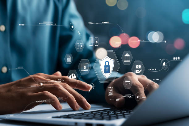 cs3 cybersecurity concept Global network security technology, business people protect personal information. Encryption with a padlock icon on the virtual interface.